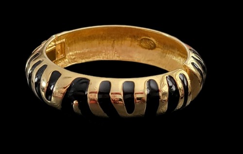 Joan Rivers Vintage Gold Tone Black Enamel, Animal Print Hinged Bangle Bracelet - Picture 2 of 6