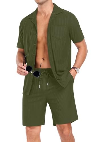 Mens Short Sleeve Outfits 2 Piece Summer Beach Button Down Shirts and Shorts