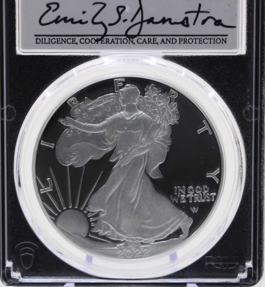 PCGS American Silver Eagle West Point Como Nuevo FIRMADO EMILY DAMSTRA PR70DCAM 2022 W Foto 3 de 4