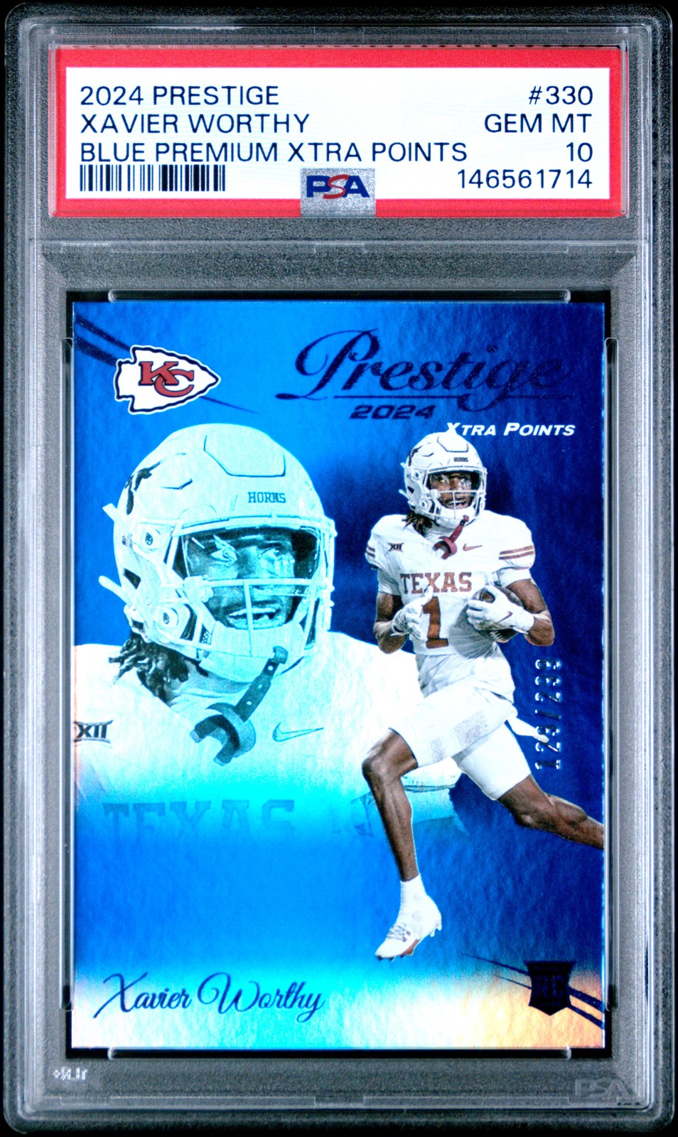 Xavier Worthy Panini Prestige #330 Blue Premium Xtra Points