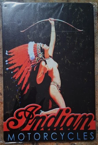 Indian Motorcycles Tin Metal Sign Vintage Style Ad - Sexy Pinup Girl Headdress