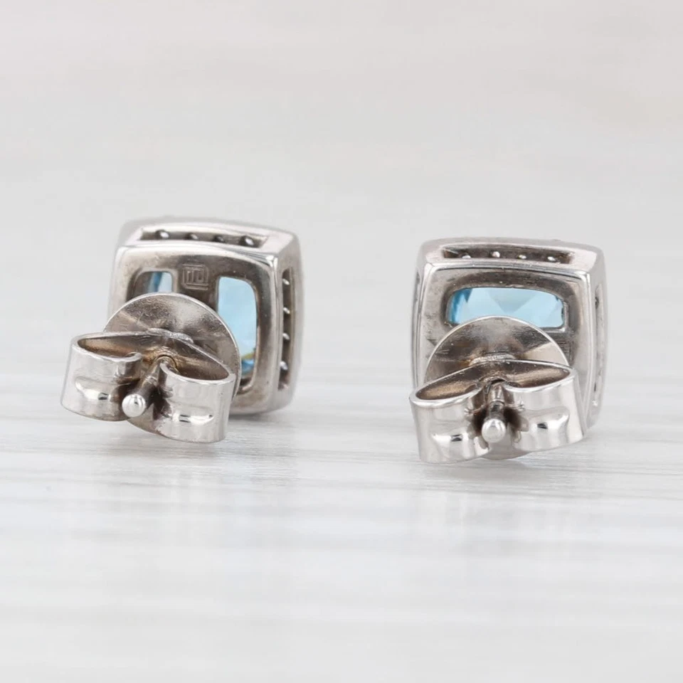 1.76ctw Cushion Blue Topaz Diamond Halo Stud Earrings 14k White Gold Studs - Image 4 of 4