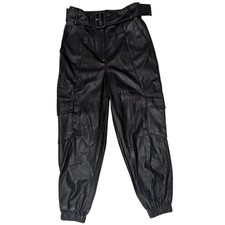 Culpos Faux Leather Belted Cargo Jogger Pants Size 6 Black High Waist Edgy Urban