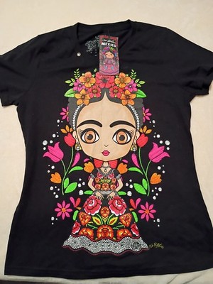 Frida Kahlo Women T-Shirt Black Cartoon Floral Print Mexican Artist
