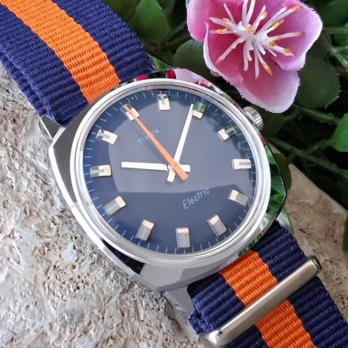 Serviced 1971 Timex Electric Men's Vintage Watch Blue Orange New Strap, Crystal