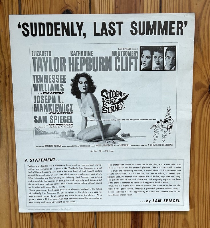 SUDDENLY, LAST SUMMER RARE 1960 PRESS BOOK & INSERT LIZ TAYLOR K HEPBURN M CLIFT