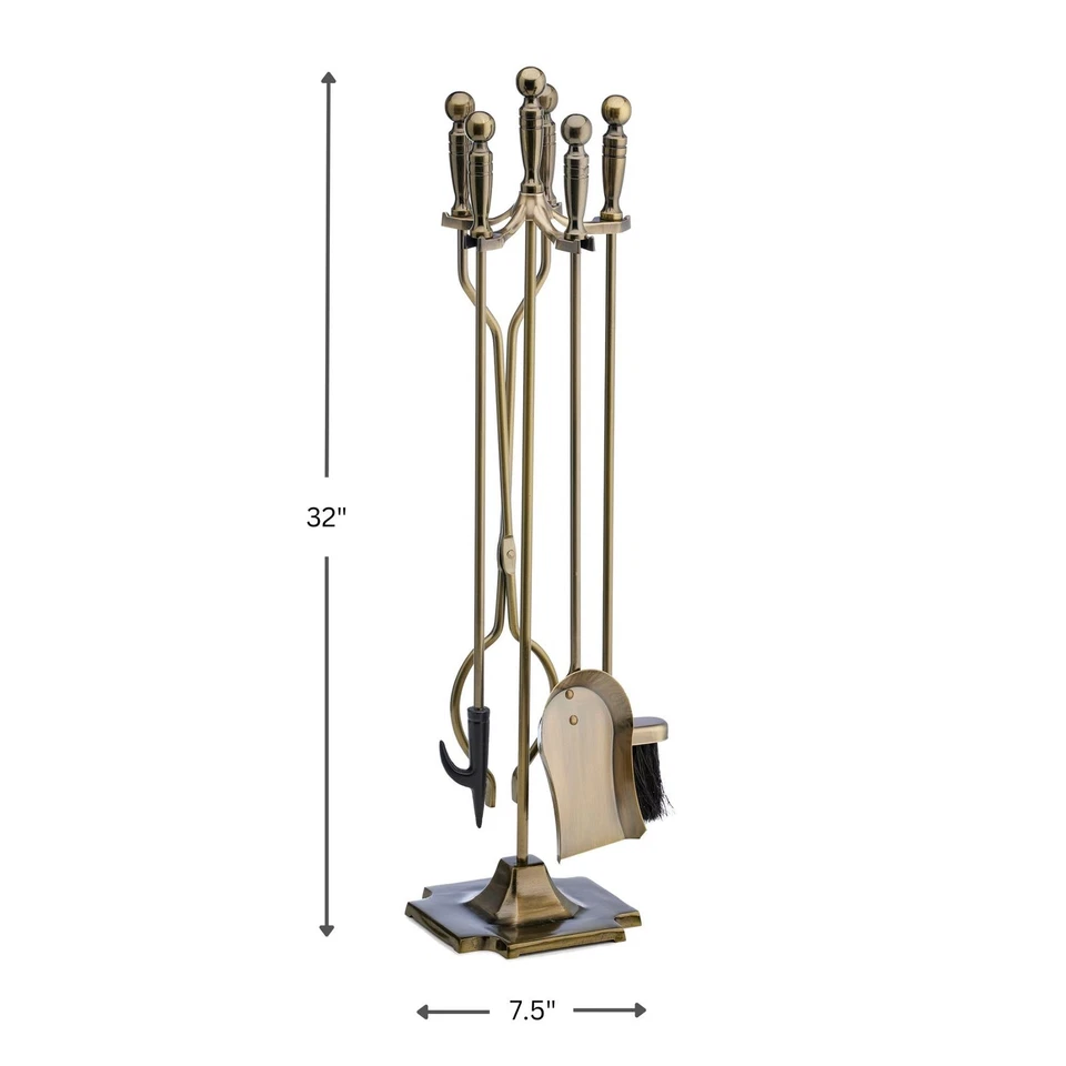 5-Piece Antique Brass Finish Fireplace Tools Set with Ball Handles (T51030AB) Foto 2 de 4