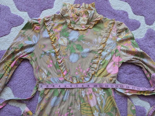 Vintage 70's Hippie Victorian Mushroom Flower Tan Babydoll Poly Mini Dress XS/S - Picture 14 of 17