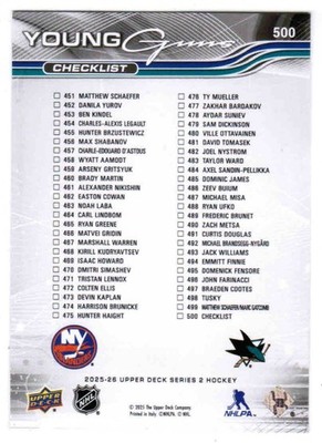 25/26 2025 UPPER DECK SERIES 2 HOCKEY YOUNG GUNS ROOKIE RC (451-500) U-Pick List