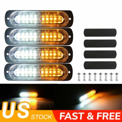 4pcs 12V 24V 10 LED Strobe Lights Emergency Flashing Warning Beacon White Amber