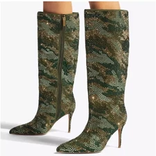 Kurt Geiger Belgravia 85 Suede Camo Rhinestone Knee High Boots Size 36 US 6 New