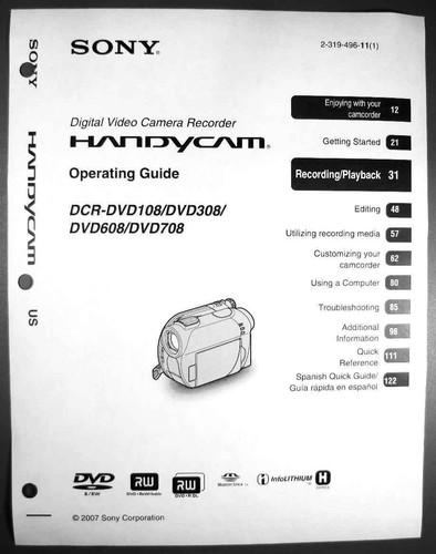 Sony DCR-DVD108 DCR-DVD308 DCR-DVD608 DCR-DVD708 Operation Guide Manual