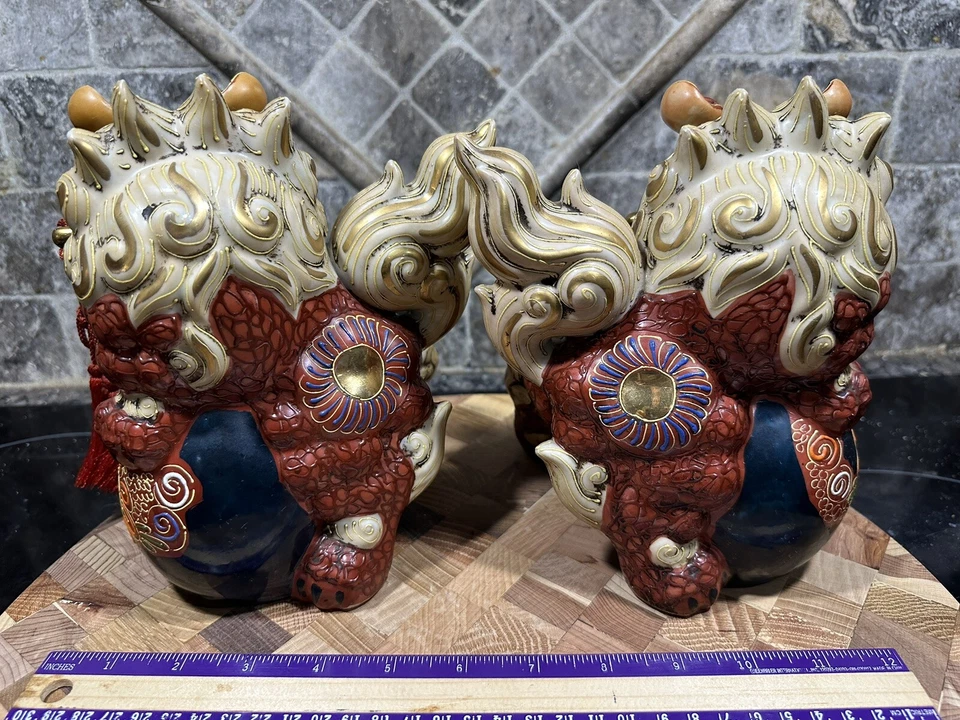 Dos perros Foo Kutani Gakuyou Foo de colección de 7 1/2" porcelana texturizada con moriaje criado Foto 3 de 4
