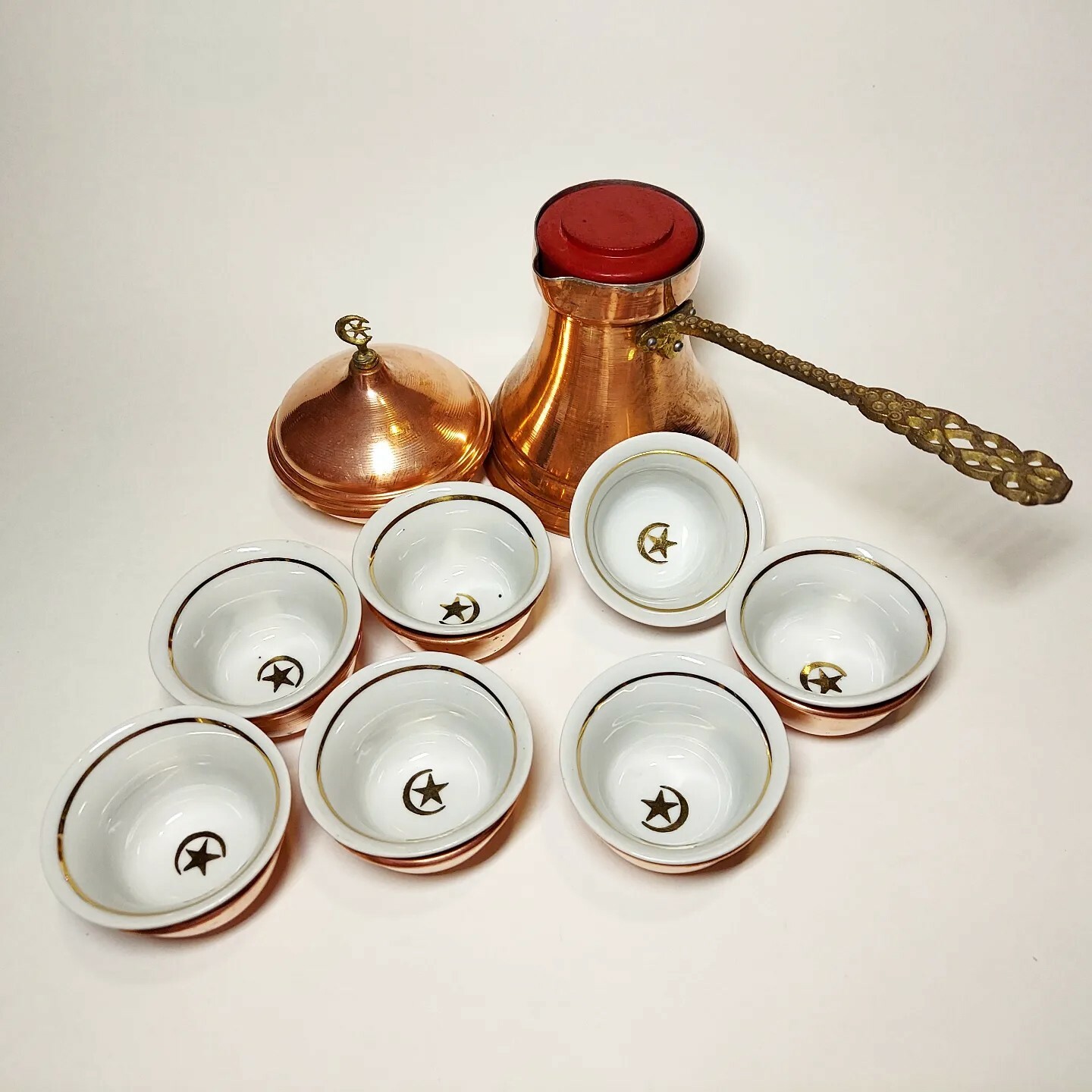 Antique WWI Ottoman Empire Turkish Officer's Copper Tea Set w/Sugar 7 Cups