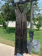 NWT 520 Aidan Mattox Fully Beaded Black Ombre Halter Gown SZ 12 E976