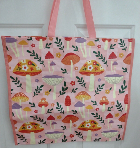 TJ Maxx Large Shopping Bag Mushrooms Pink Checks Eco Friendly Reusable Tote