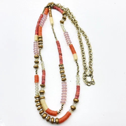 LOFT Signed Necklace Double Strand Gold Tone Multicolor Discs Beads Rhinestones