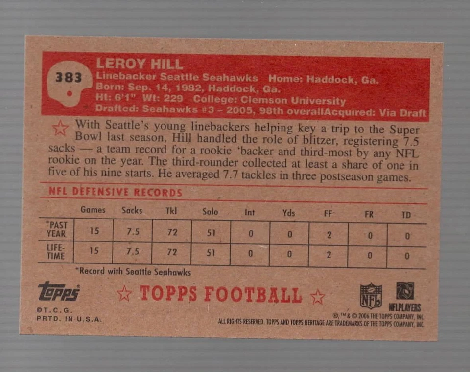 2006 Topps Heritage Leroy Hill Seattle Seahawks #383 Near Mint or Better - Image 2 of 2