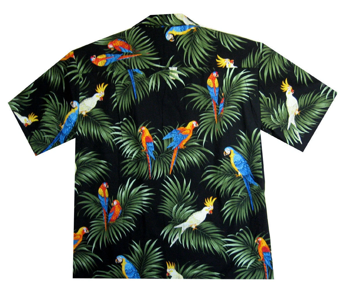 KY's Original Camisa Hawaiana Loro en todas Partes Parrot Allover Negro