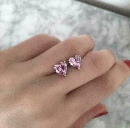 4Ct Heart Cut Created Pink Diamond Solitaire Stud Earrings 14K White Gold Plated - Image 3 of 4