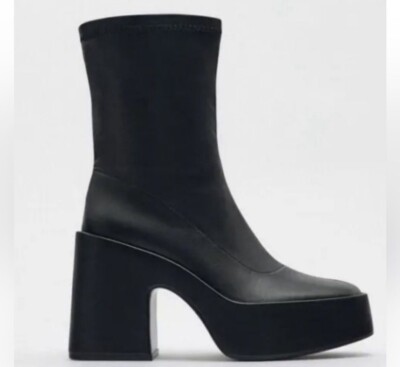 Zara Black Chunky Heel Platform Retro Ankle Boots (Size 40/9)