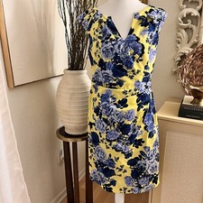 ADRIANNA PAPPEL Yellow Blue Floral Midi Cocktail Dress Size 8