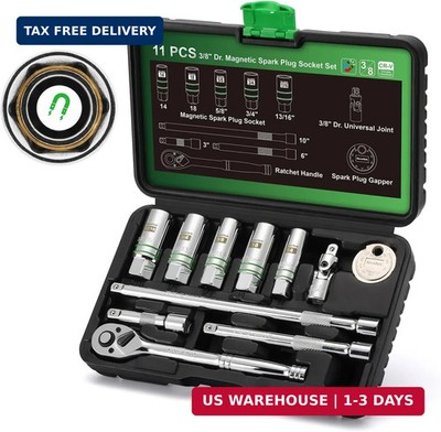 TecoTek 11-Piece Magnetic Spark Plug Socket Set with 3/8'' Drive Ratchet Handle,