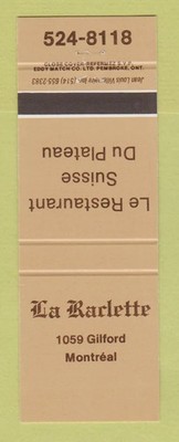 Matchbook Cover - La Raclette Montreal QC Restaurant