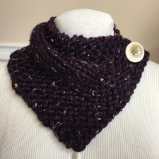 Hand Knit Eggplant Tweed Neck Warmer Scarf Wrap with Button Closure - Handmade