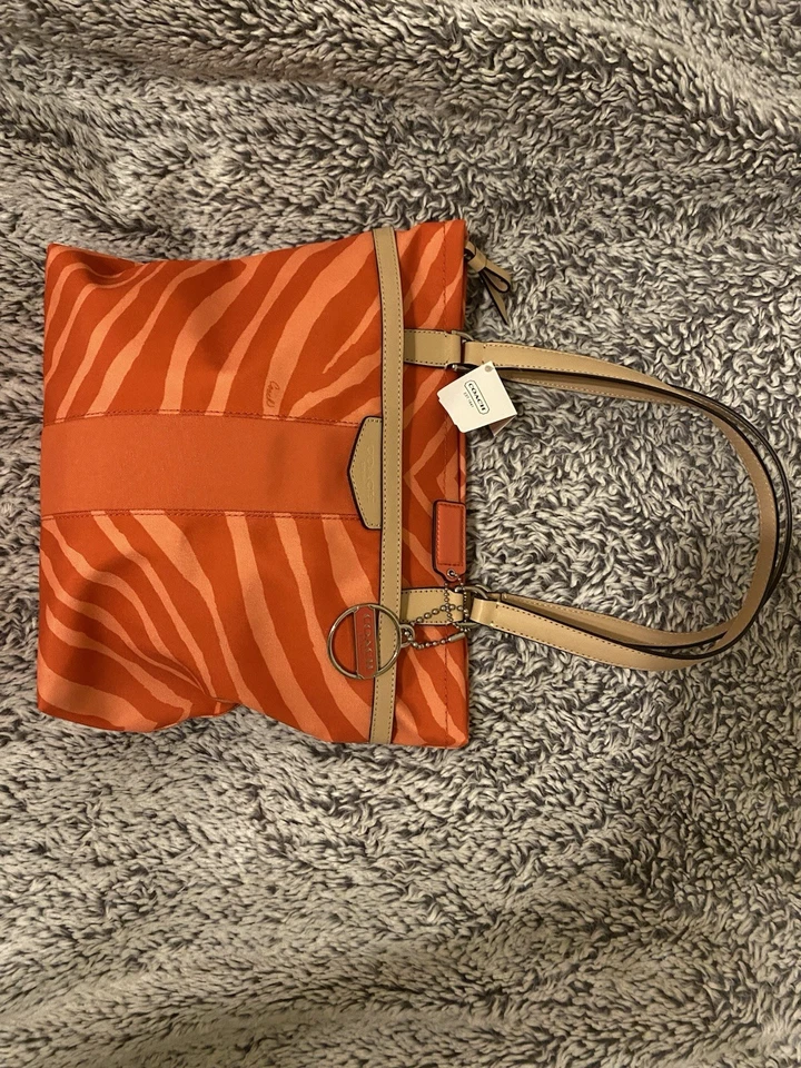 COACH Zebra Stripe Canvas Tote Shoulder Bag Hot Orange & Coral F23283