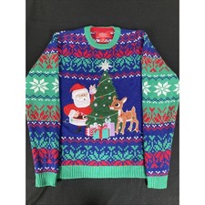 Ugly Christmas Holiday Sweater Unisex Rudolph Red Nosed Reindeer Santa Size L