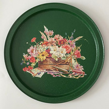 Round Green Floral Serving Tray Cottage Country Farmhouse Decor 13.5 Inch