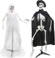 2Pack 5.4Ft Halloween Skeletons Bride and Groom with Stand Life Size Skeletons F