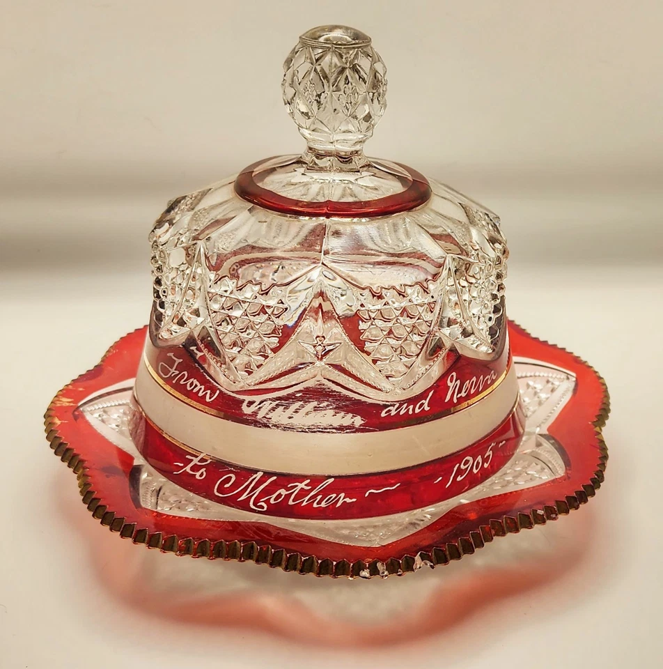 Antique EAPG Ruby Stain Flash Covered Butter Dish Starburst "To Mother" c. 1905 - Image 2 of 4