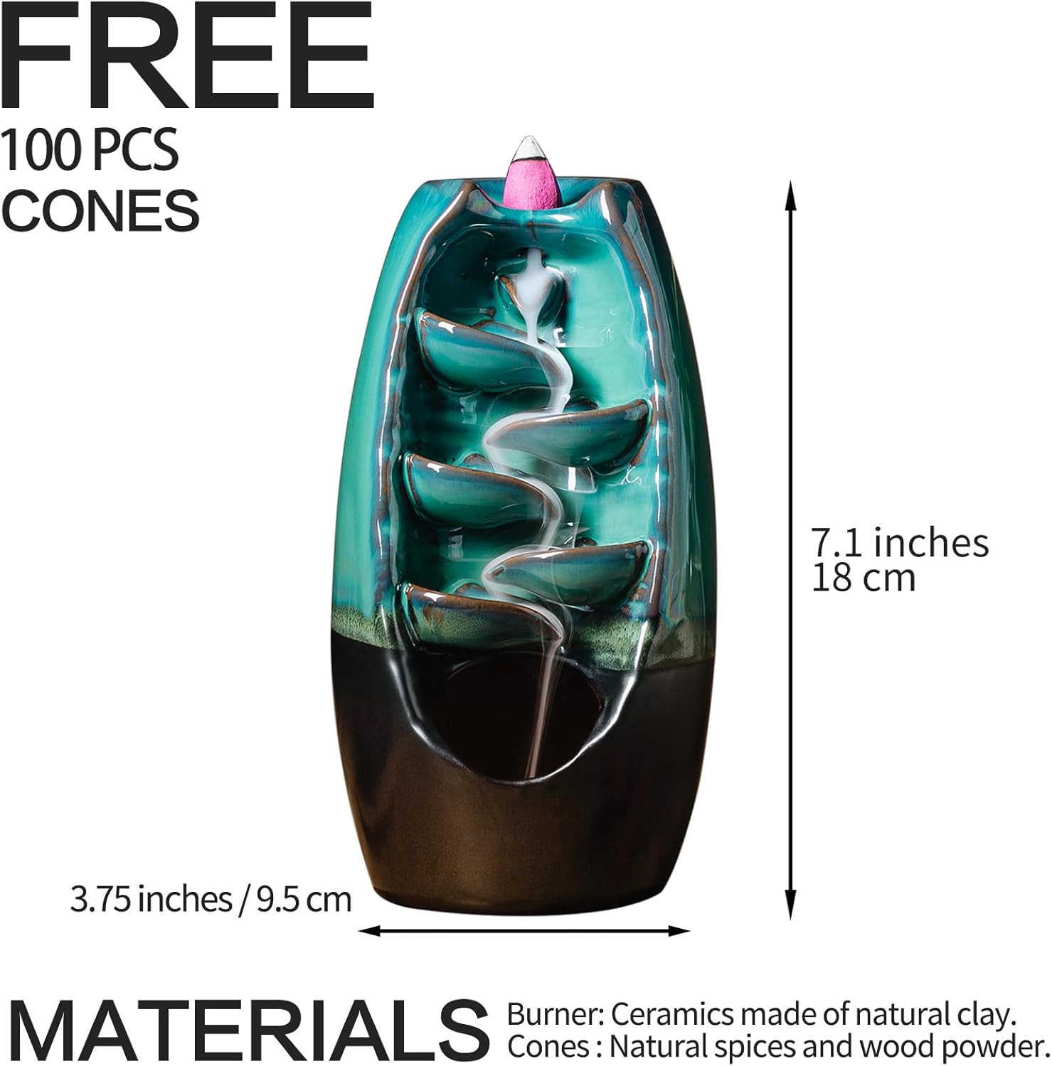 Ceramic Incense Burner with 100 Upgraded Cones, Waterfall Backflow Incense Holde