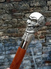 Antique Walking Stick With Skull Brass Head Handle Vintage Wooden Cane