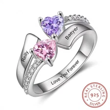 Custom Two Name Birthstone Ring 925 Sterling Silver Jewelry Inside Engraving