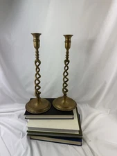 Pair Antique Brass Barley Twist Candlesticks Spiral Stem Unmarked
