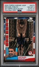 Michael Phelps Signed 2024 Topps Chrome Olympic /76 USA FLAG REFRACTOR PSA 8/10