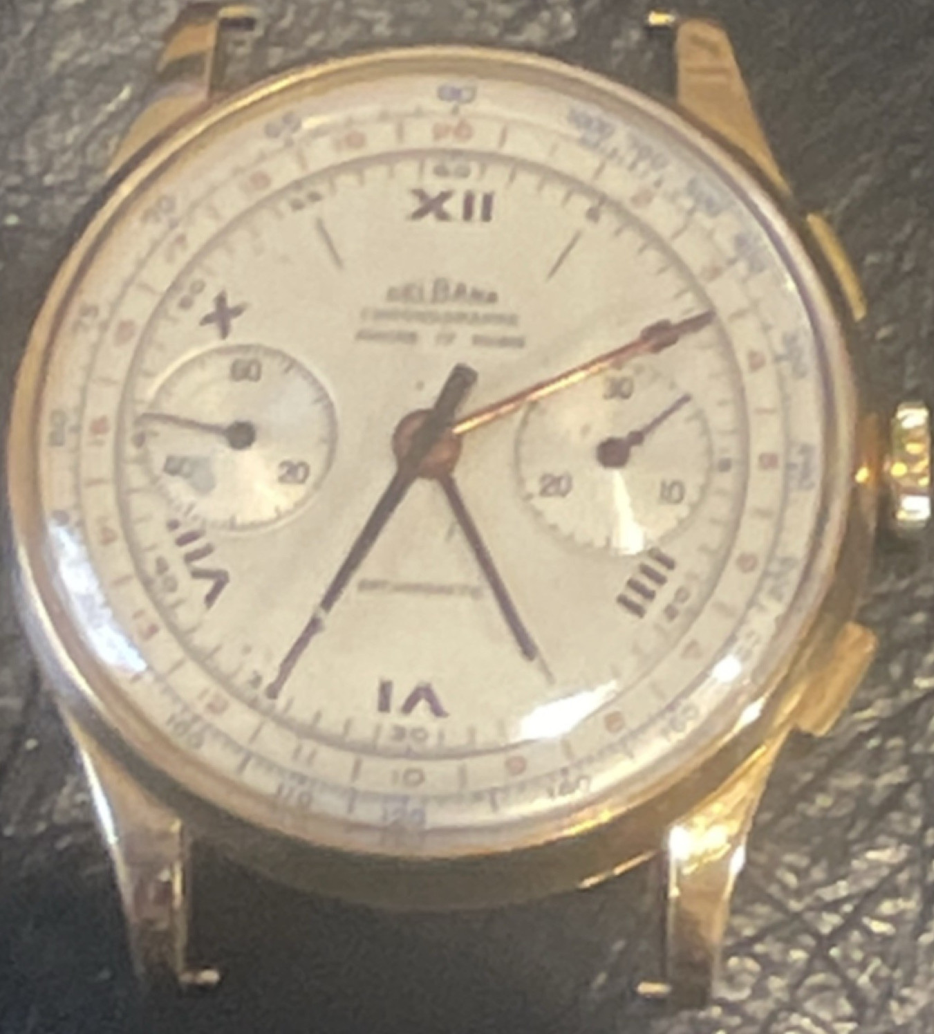 Solid 18k Gold Delbana Chronograph Manual Wind White Dial Gold Case 36mm