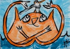 Original ACEO Cat Painting Bird Collectible Modern Beach Art Samantha McLean