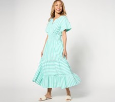 Isaac Mizrahi Live Women's Dress Sz L Yarn Dye Stripe Poplin Maxi Green A646863