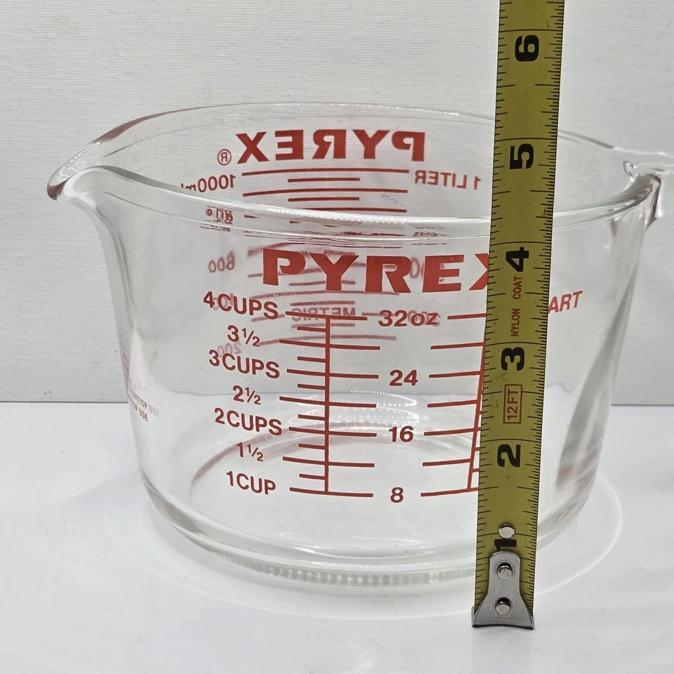 VTG Pyrex 1 Quart (4 Cup) 1 LITER 1000 mL Glass Measuring Cup Red Letters 32Oz - Image 4 of 4