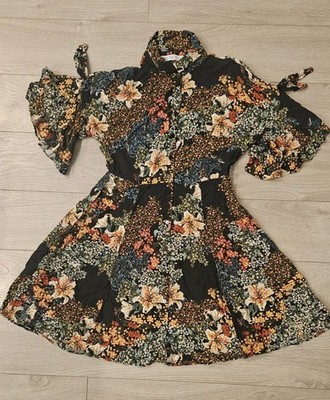 zara basic shirt fit flare mini dark floral dress size m