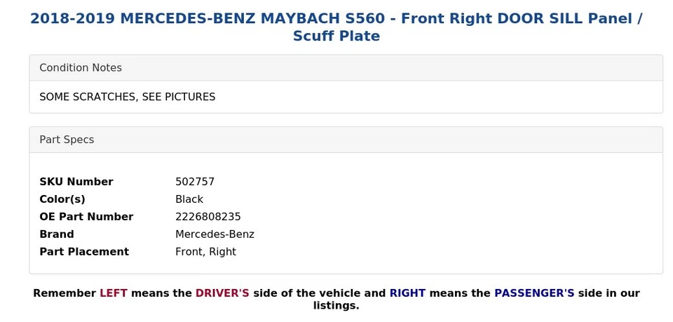 Mercedes-Benz Maybach S560 2018-2019 - Panel de umbral de puerta delantera derecha / placa de desgaste Foto 4 de 4