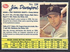 1962 POST CANADIAN BASEBALL #134 JIM DAVENPORT EX-NM S F SAN FRANCISCO GIANTS