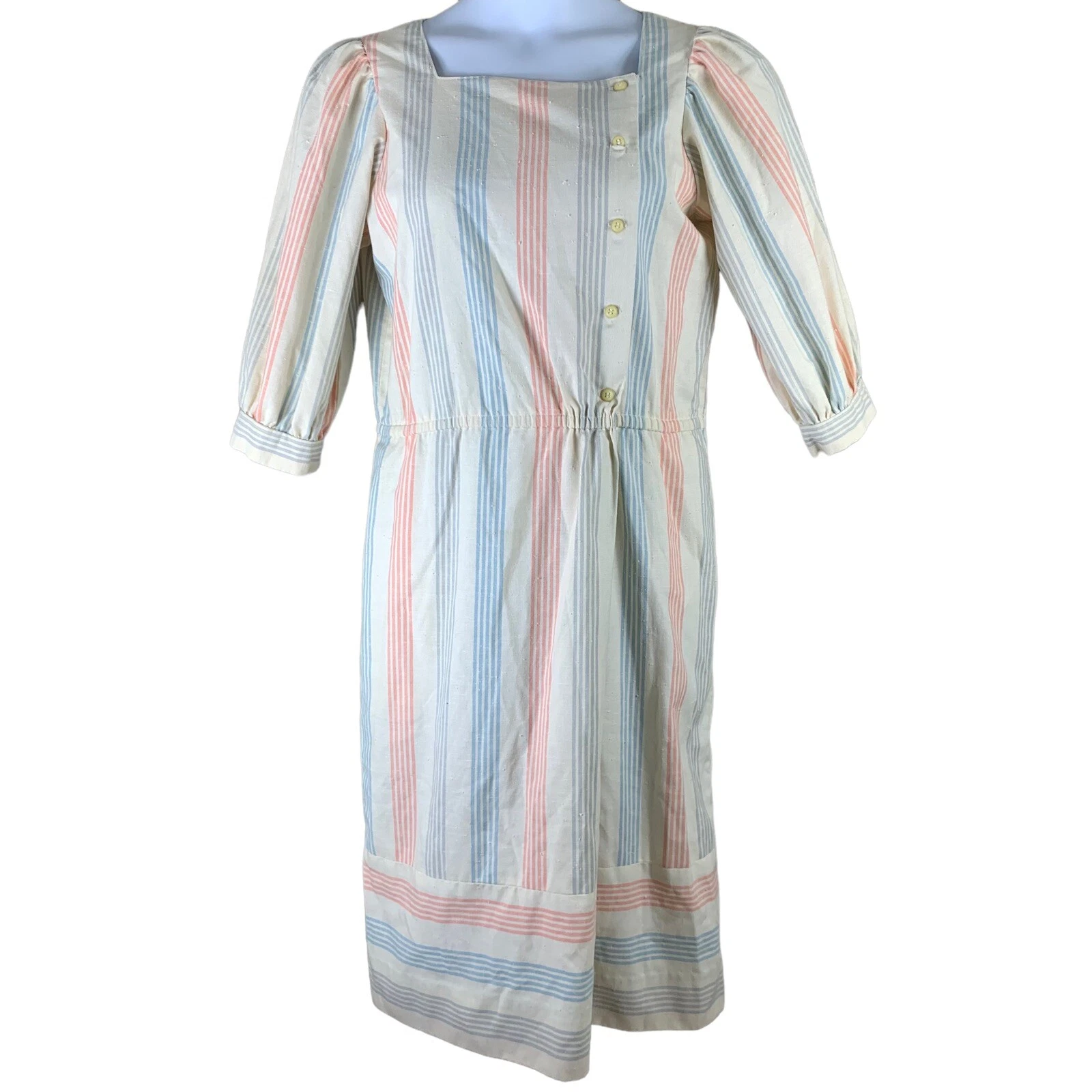 Vintage Handmade Dress Pastel Stripes Half Sleeve Midi Length Button Front