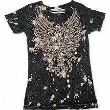 Women's Affliction Tie Dye Black Lace Wings Cross Rhinestones Top T-Shirt XS-XL