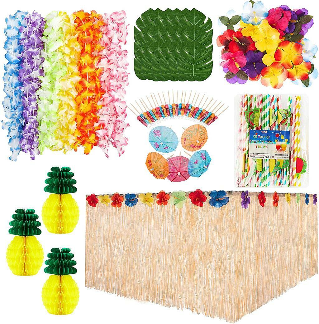 130PC Set Hawaiano Falda De Mesa Tiki Palm Hojas pajas Flores Leis Fiesta Decoración