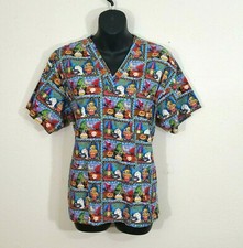 Peaches Women Happy Fall to All Halloween Scrub Top Size Small Witch Cat Ghost